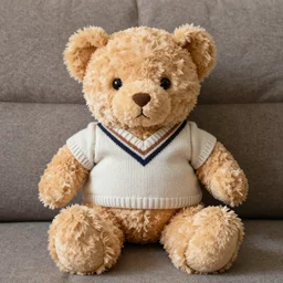 a teddy bear on the couch staring at you with human eyes wearing a sweater vest, 4 k photo