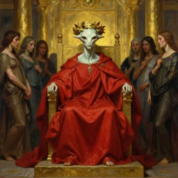 beautiful oil painting, alien in royal crimson robes enthroned as the alien god emperor of ancient civilization surrounded by servants in gilded halls a golden wreath upon his head, by anders zorn, wonderful masterpiece by greg rutkowski, beautiful cinematic light, american romanticism, by thomas lawrence, greg rutkowski