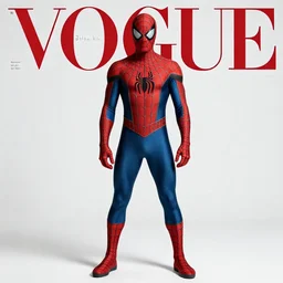 spider man fashion. studio photo. vogue magazine cover with text. highly detailed