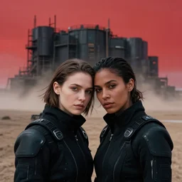photographic portrait shot on cinestill 5 0 d of two loving clones, women wearing black techwear on a desolate plain with a red sky, closeup, diverse race, cyberpunk, in front of a brutalist dark metal facility, dust storm, 3 5 mm, 8 k, depth of field, high resolution, ultra realistic faces
