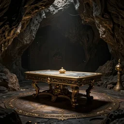 a small dark cave room with a singular ornate war table, exquisite, volumetric lighting, 8 k octane beautifully detailed render, post - processing, extremely hyper - detailed, intricate, epic composition, cinematic lighting, masterpiece, trending on artstation, stunning art by caravaggio, by frazetta, beautiful cinematic light