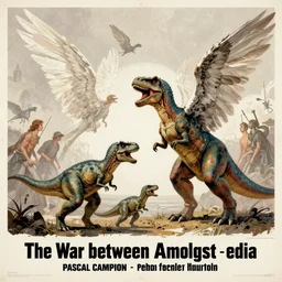 the war between angels and dinosaurs. advertising poster, limited neutral palette, by pascal campion, petros afshar, anton fadeev, dean ellis, randolph stanley hewton, beautiful graphic, propaganda poster art 1 9 7 0 s illustrated advertising art, painterly design