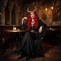 lomography, full body portrait photo of women like reol from a distance as a warlock wearing ornate gems and black robe sitting in a medieval fantasy cafe interior, moody, realistic, dynamic perspective pose, skin tinted a warm tone, hdr, rounded eyes, detailed facial features, red black gold