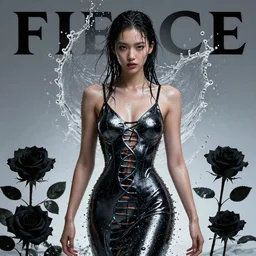 fierce wet fashion model, splash, liquid metal dna, effervescent, black roses, poster art, high detail, hyperrealistic illustration, watercolor, deep mood, hyperrealism, 3 d, in the style of irakli nadar,