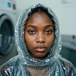 a closeup portrait of a woman wearing a hood made of wire and plastic, in a laundry mat, color photograph, by kehinde wiley, canon eos c 3 0 0, ƒ 1. 8, 3 5 mm, 8 k, medium - format print