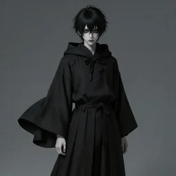 mazoku, pale - skinned demon boy, yokai boy wearing vantablack cloak, vantablack cape, darkest black possible