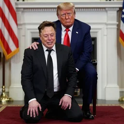 photo of a crying Elon Musk kneeling in front of stern Donald Trump