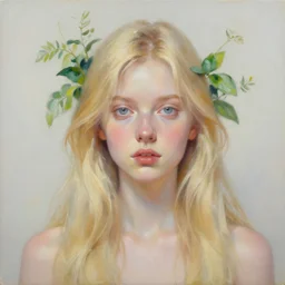 a portrait of a petite blonde woman with plants in hair, oil painting, pale colors, high detail, 8 k, wide angle, trending on artstation,
