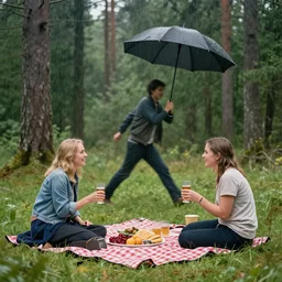 swedish picnic, drinks, forest, daytime, rain, funny, movement, dramatic, by herbert james harper, bright colors, film grain, depth haze, volumetric lighting, concept art, 4 k, detailed