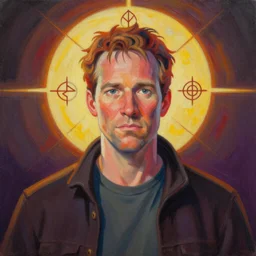 portrait of a dale cooper from twin peaks by mandy jurgens, cartoon, oil painting, visionary art, symmetric, magick symbols, holy halo, dramatic ambient lighting, high detail, vibrant colors,