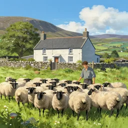 an irish farmer herding sheep next to his small homestead in the irish countryside, highly detailed, digital painting, concept art, sharp focus, by makoto shinkai