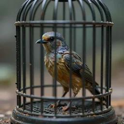 a half - woman half - bird creature trapped in a cage realistic 3 5 mm cinematic