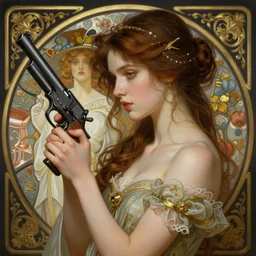 girl holding a gun, intricate, elegant, highly detailed, digital painting, artstation, concept art, smooth, sharp focus, illustration, art by artgerm and greg rutkowski and alphonse mucha and william - adolphe bouguereau