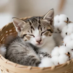 sleeping kitten in a basket of cotton