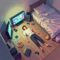 aerial view of a guy laying on the floor of his bedroom surrounded by electronics computers food video games, vaporwave colors, faded effect, highly detailed, digital painting, artstation, concept art, soft light, sharp focus, illustration