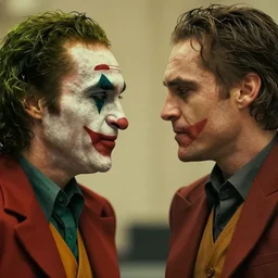 the joker fighting batman played by willem dafoe and robert pattinson respectively, color grading, camcorder effect, close - up, warm color palette, colorful, technicolor, 3 d, sunlight, mist, ray tracing reflections, post - production, by weta digital, by weta fx, by wlop