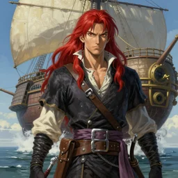 epic fantasy portrait painting of a long haired, red headed male sky - pirate in front of an airship in the style of the full metal alchemist