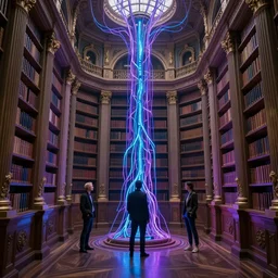 classical librarys, ornate and intricate, by greg rutkowski, by anton fadeev, by rhads, by midge sinnaeve, 4 k, cyber punk style, glowing blue veins, purple glowing wires
