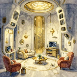 a beautiful illustration of futuristic interior layout of rupture, bioshock, art deco, big medium small, golden ratio, in watercolor gouache detailed paintings, in style of syd mead, trending on artstation, 8 k, panel, hard surface, vent, zaha hadid, props, cozy, decoration, simon stalenhag, deus ex