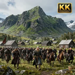 a viking charge on a village, fantasy artwork, nordic scenery, snowy green mountain, hd, hdr, ue 5, ue 6, unreal engine 5, cinematic 4 k wallpaper, 8 k, ultra detailed, high resolution, artstation, award winning