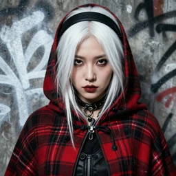 highly detailed closeup portrait of a sewer punk asian female assasin, tartan cloak, white hair with headband by atey ghailan, by greg rutkowski, by greg tocchini, by james gilleard, by joe fenton, by kaethe butcher, gradient red, black, brown and white color scheme, grunge aesthetic, white graffiti tag wall background