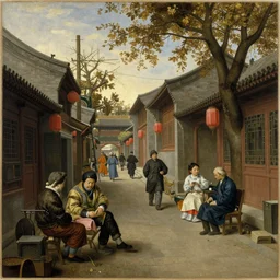 a painting of everyday life in a quiet street in beijing by bruegel.