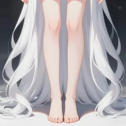 seen from below her feet, stunningly beautiful goddess, porcelain skin, long white hair, symmetrical, overwhelming, innocent, etheral, live 2 d anime style, 8 k