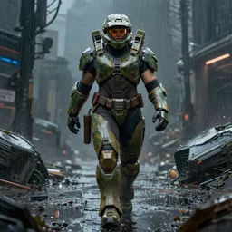 a beefy bulky female warrior walking in a cyberpunk wasteland facing the camera, mjolnir armor from halo infinite!!!!!!!!!!, intricate, 8K, octane render, Digital painting, concept art, illustration, sharp focus, centered, good value control, realistic shading, rational painting, a rainy night, water, wet, rain, rainstorm, rubber undersuit, enhance face