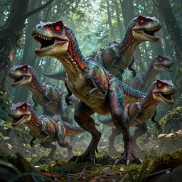 pack group of mutated nightmare raptors, red glowing eyes, hunting in the forest. in style of greg rutkowski and hyung - tae kim, trending on artstation, dark fantasy, great composition, concept art, highly detailed, dynamic pose, vibrant colors, epic, 8 k