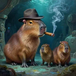 a painting of a capybara smoking a cuban cigar while a fedora sitting in a secret underwater base by Krenz Cushart, high detail, concept art, artstation, 8k