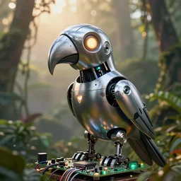 robot parrot bird with chrome beak, metal wings, rainforest background at golden hour, mist, led lights, electronics circuit board and wires, grunge, glowing eye, sharp details, octane render, designed by apple and tesla