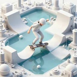 beautiful symmetrical boy on a skateboard ramps over the pond surrounded by machine axonometric fantasy intricate elegant highly detailed in volumetric turquoise steampunk, high contrast cinematic light, mystical shadows, octane render, photographic, concept art, art high renaissance art, unreal engine 8 k