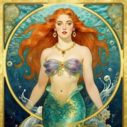 Sophie turner as the little mermaid, a beautiful art nouveau portrait by Gil elvgren and J.C. Leyendecker, beneath the ocean waves, centered composition, defined features, golden ratio, gold jewlery, bubbles