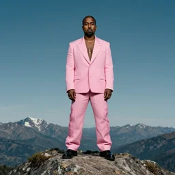 kanye west wearing a pink suit standing on top of a mountain, 8 k, dslr, intricate, detailed,