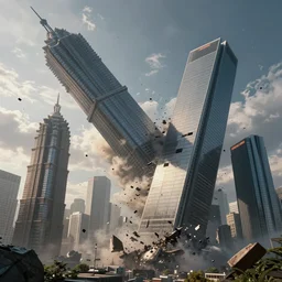 giant skyscrapers falling from sky, mid air with destruction, debris