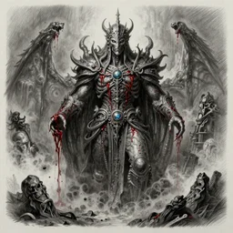 cinematic, hyperdetailed, symmetrical, 3 d point pencil drawing of a incommensurate entity, the enigmatic king of entropy, lovecraftian, torrential blood, fog, hires, unreal 5, octane, hyperrealism, dark fantasy, 8 k, volumetric lighting, rich moody colors, photoshopped, by wayne barlow and zdzisław beksinski