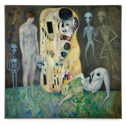 a painting of guernica with aliens and robots by graham sutherland, egon schiele, gustav klimt, neo - expressionism
