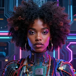 symmetry!! a cyberpunk mulatto beauty queen, by wlop, by justin bua, motherboard, circuitry, wires, neon lights, beads, curly afro, micro detail, sci - fi, photorealism, 8 k, cgsociety