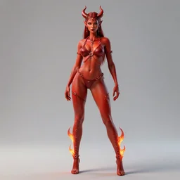 full length complex 3 d hyper realistic smooth ultra sharp render of a gorgeous!! fiery chained red skinned demoness viking warrior bikini | goddess of beauty | high detail, 4 k, hd, symmetrical, proportional, cinematic, epic scene | art by oh jinwook + 吵 集 仁 儿 on artstaion + takeshi obata + alphonse mucha + jim lee