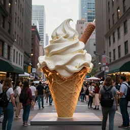 a photograph of a giant ice cream sundae sculpture in the center of a new york street, a crowd of people stand around it, by Claes Oldenburg, pop art, 3D render, Volumetric dynamic lighting, Highly Detailed, Cinematic Lighting, Unreal Engine, 8k, HD
