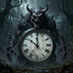 clock as a monster, art style, scary atmosphere, nightmare - like dream
