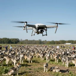 a uav with it own shaddow is watching a large group of wol