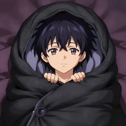 anime neko boy inside a black sleeping bag, psychedelic, highly detailed upper body, professionally post - processed, beautiful, epic, anime masterpiece, ilya