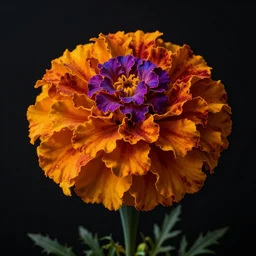 colorful beautiful marigold flowers from single stem, volumetric dramatic light, dark black background, sharp focus, highly realistic, octane render, art by greg rutsowski
