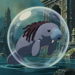 hyperrealist, studio ghibli dull colors painting from close encounters of the third kind 1 9 7 7 of a beautiful multi - colored manatee with dreadlocks in a bubble in a flooded temple.