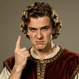 portrait of glamorous medieval man with annoyed gesture, 1940s propaganda poster, full hd,highly detailed