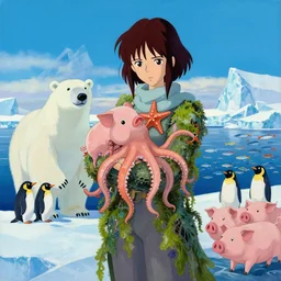 a tall emo girl holding a cephalopod and a piglet in antarctica, starfish, covered in seaweed, polar bear, icebergs, penguins, schools of fish, pigs, acrylic on canvas, surrealist, by studio ghibli