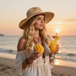 blonde bohemian woman on the beach with sun hat and mango cocktail, sunset, photorealistic, 4k