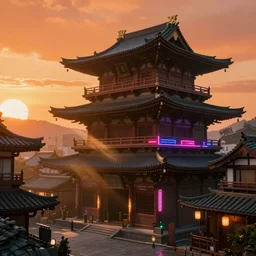 chinese temple architecture with cyberpunk neon signs, orange sky, japanese town, cinematic view, concept art, high detail, well lit, volumetric, godrays, vivid, sunrise, trending on artstation, by jordan grimmer, art greg rutkowski