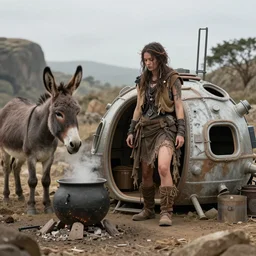 apocalyptic woman in earthship with donkey and boiling cauldron 85mm